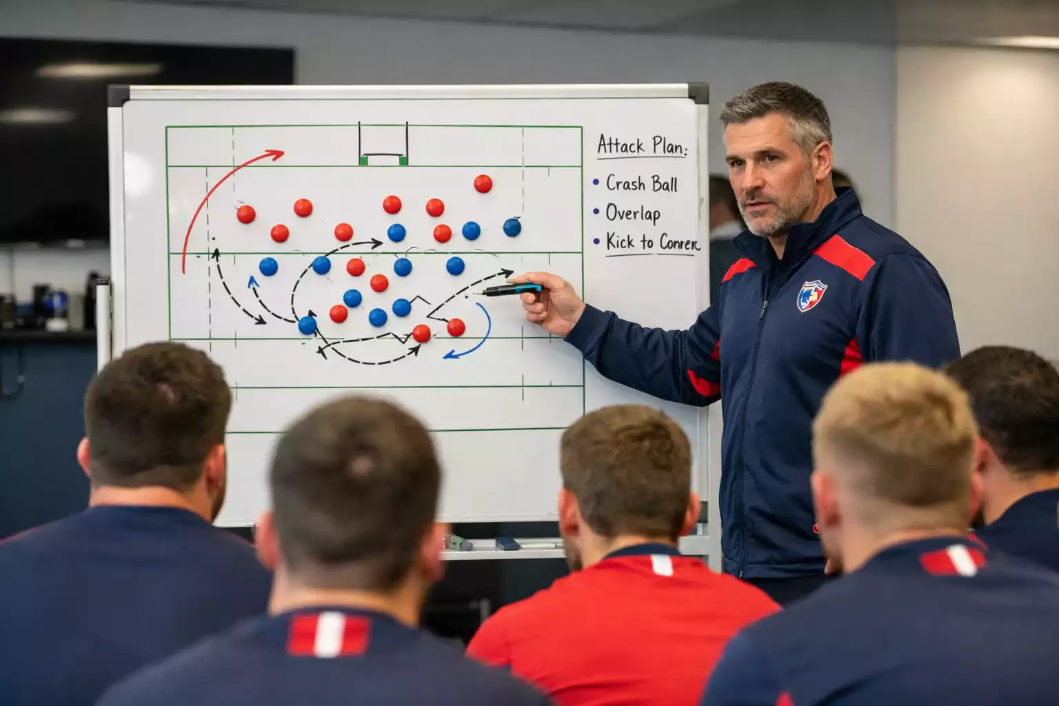 Entraîneur de rugby analysant les tactiques avec son équipe