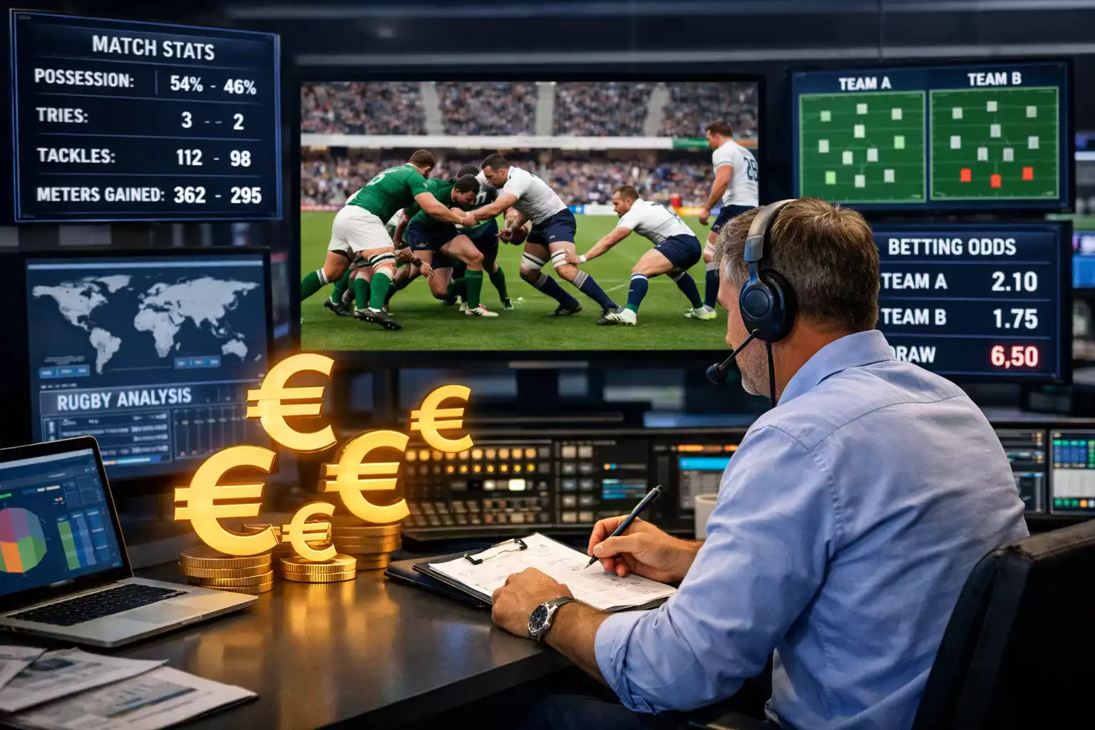 Expert analysant un match de rugby international sur écran