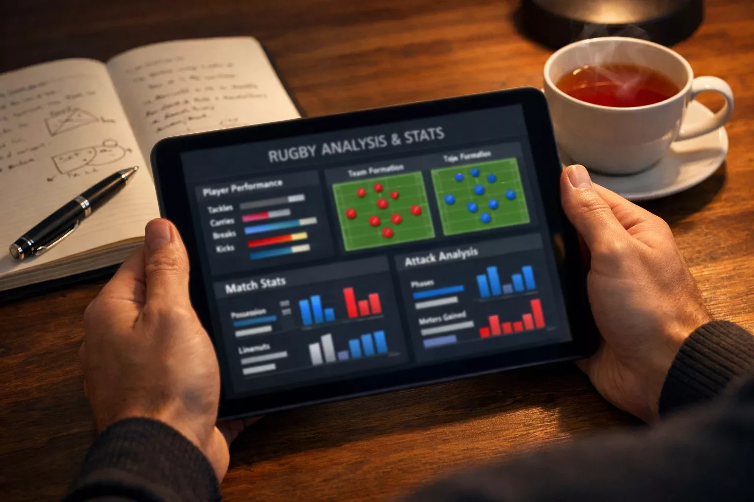 Personne consultant des statistiques de rugby sur une tablette avec un carnet de notes