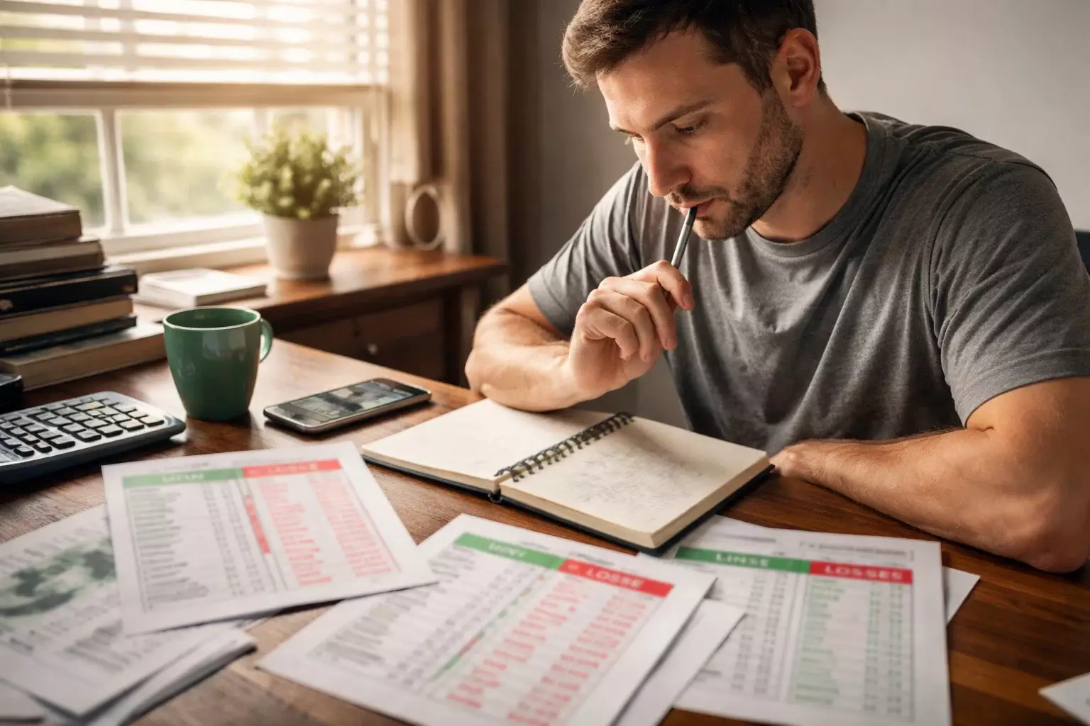Personne réfléchissant à ses erreurs de paris avec documents
