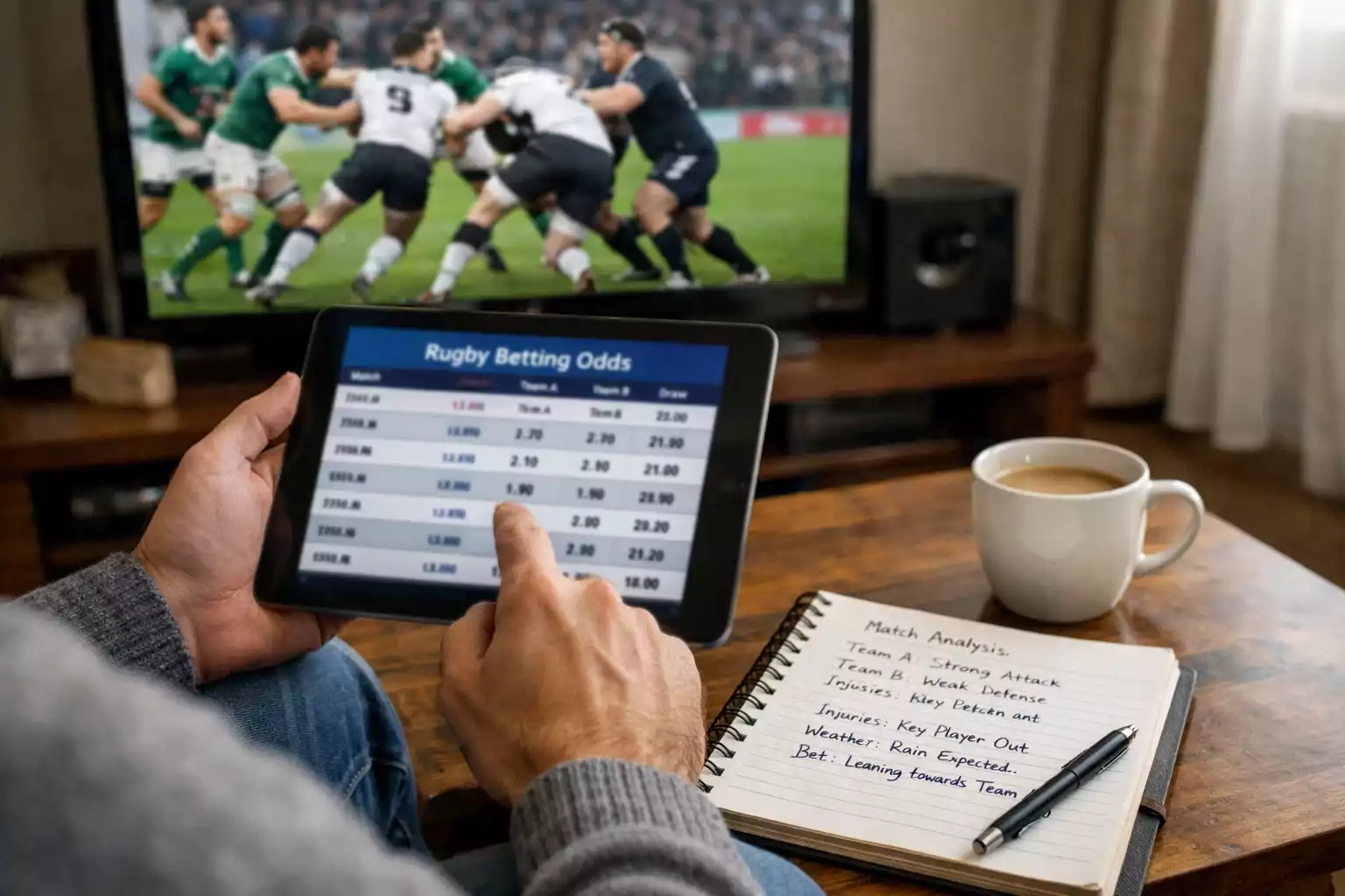 Parieur étudiant les cotes rugby sur tablette