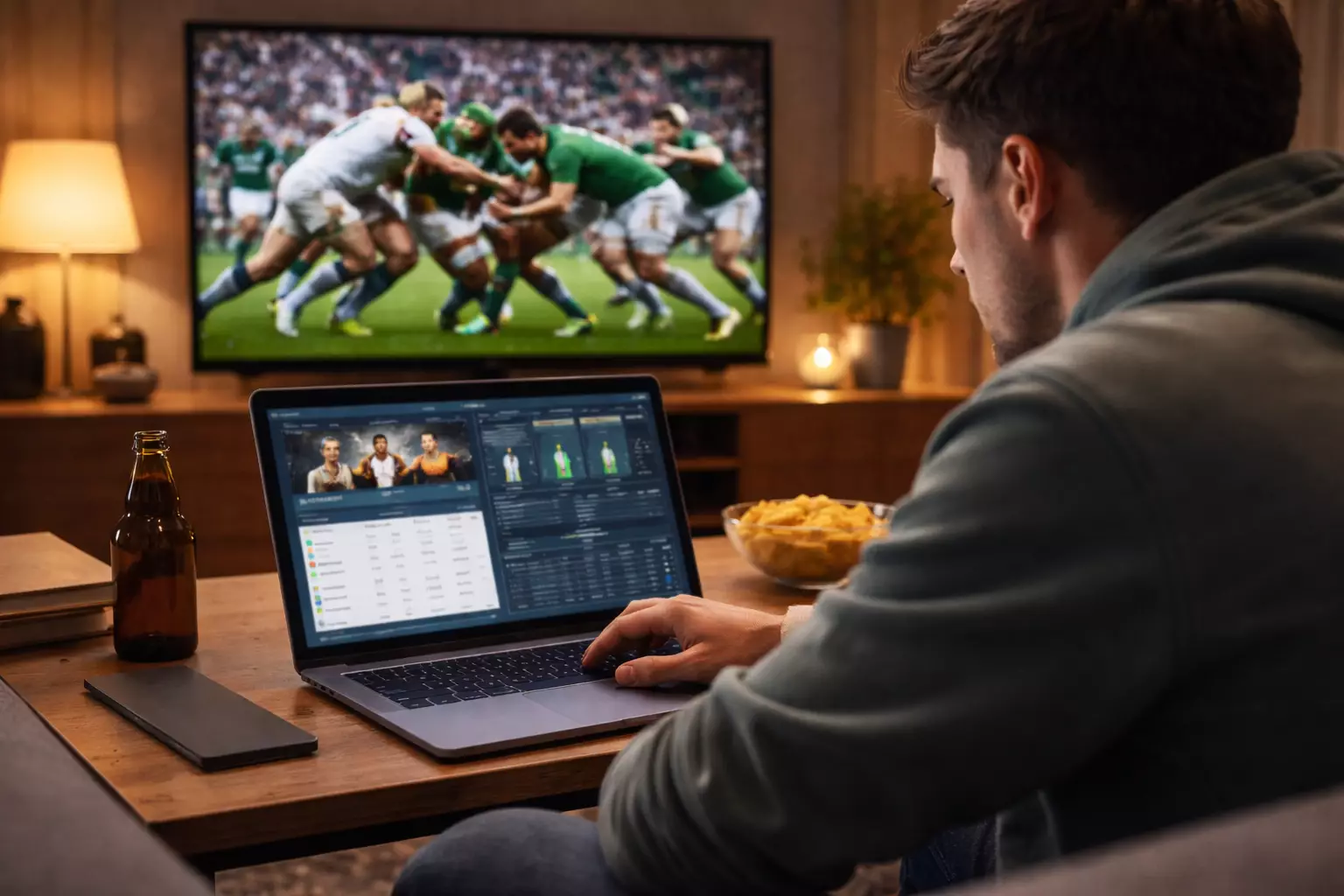 Parieur suivant un match de rugby en direct sur plusieurs écrans