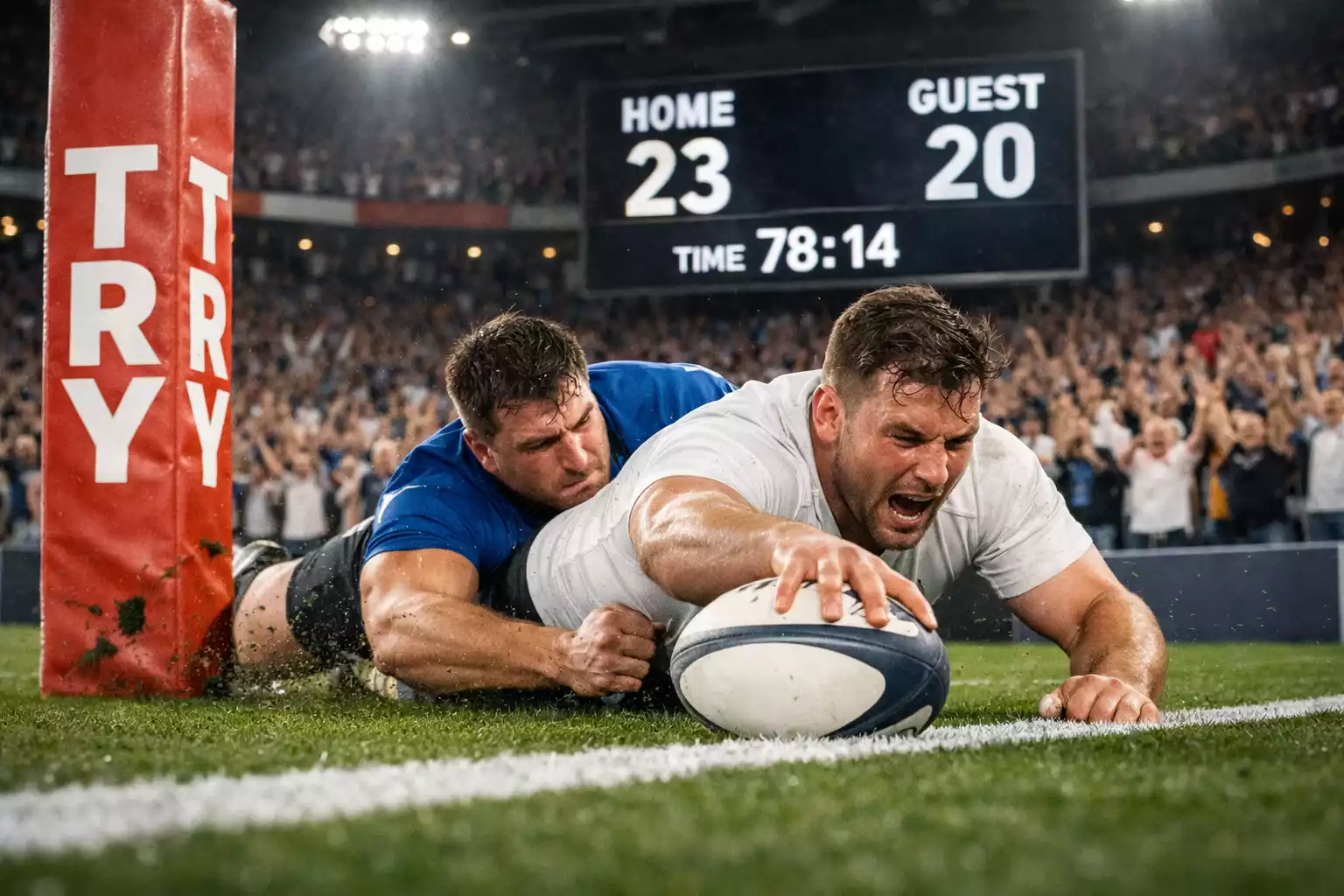 Joueur de rugby franchissant la ligne d'essai pour illustrer le handicap