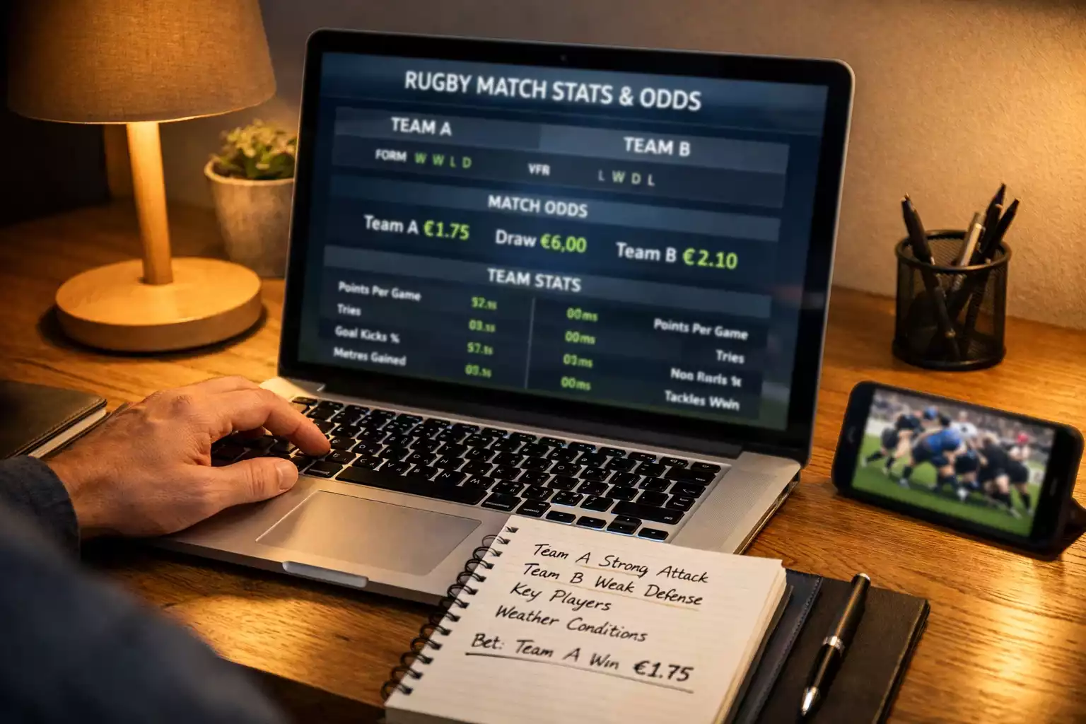 Écran d'analyse de paris sportifs avec statistiques de rugby