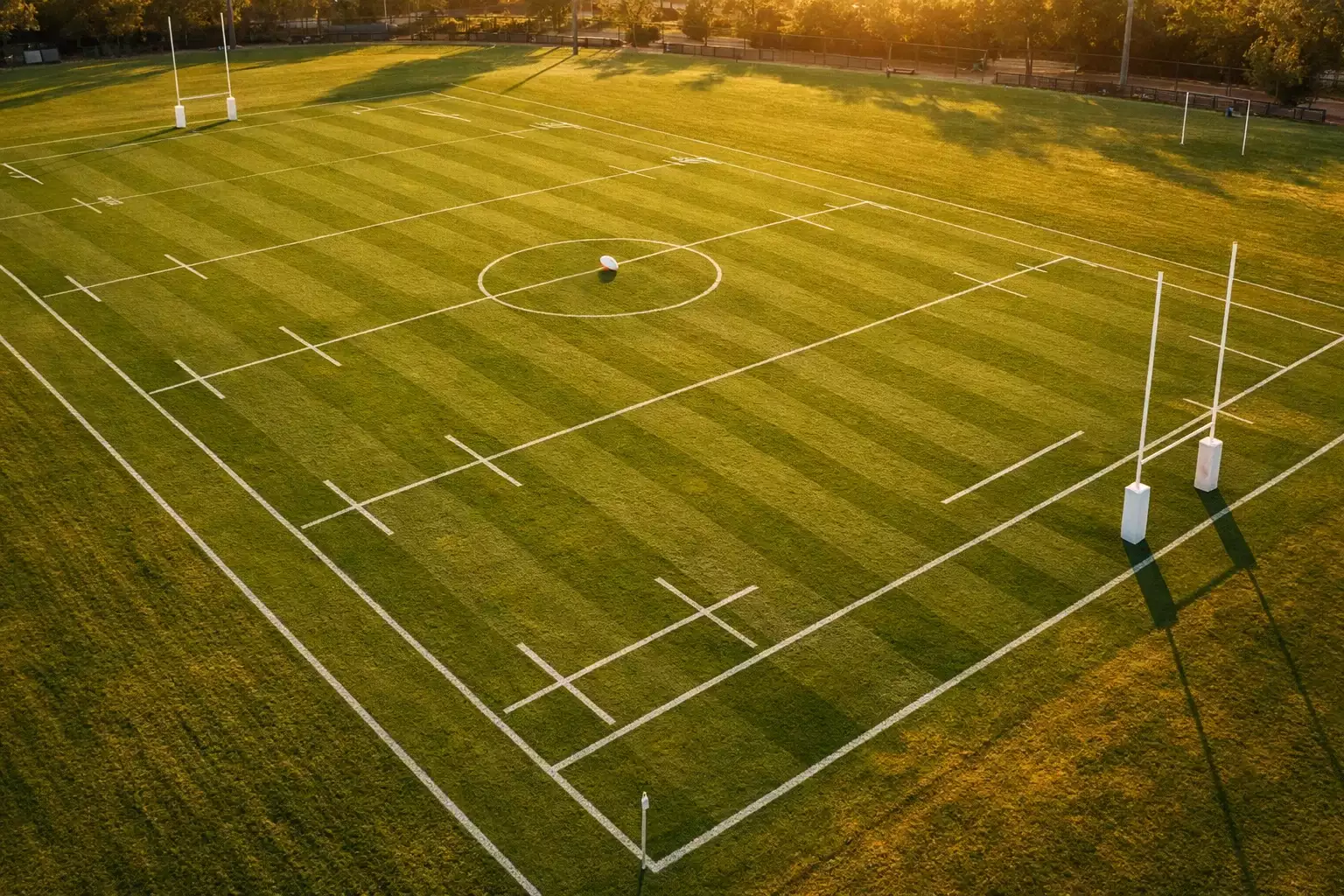 Vue aérienne d\'un terrain de rugby avec les lignes de jeu et les poteaux de but