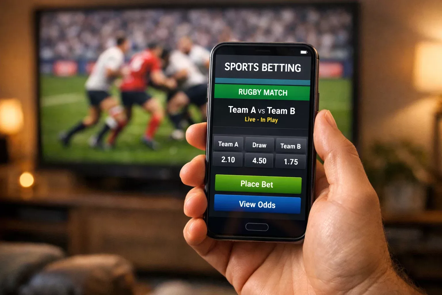 Main tenant un smartphone avec application de paris sportifs devant un match de rugby à la télévision