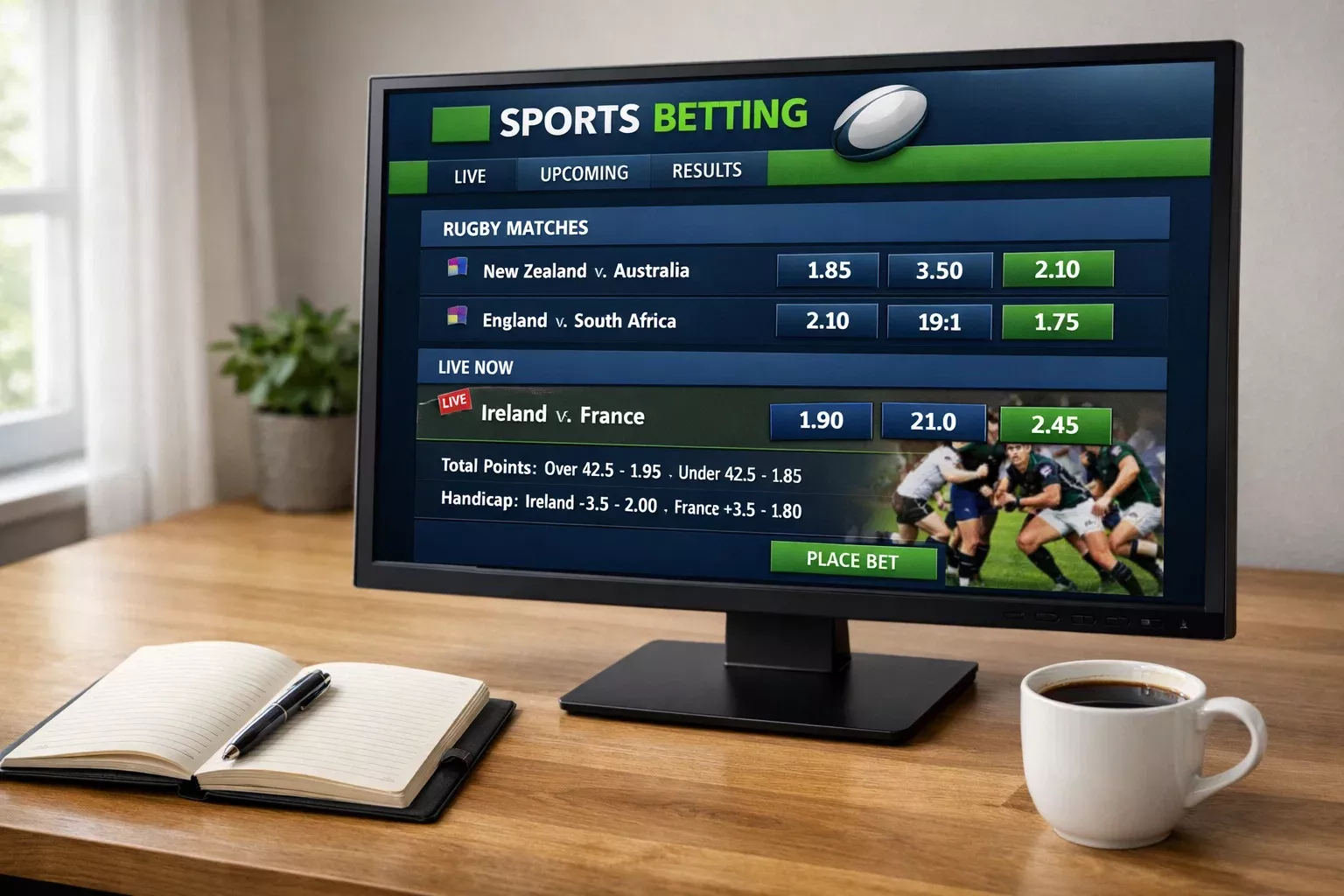 Écran d\'ordinateur affichant une interface de paris sportifs avec des cotes de rugby